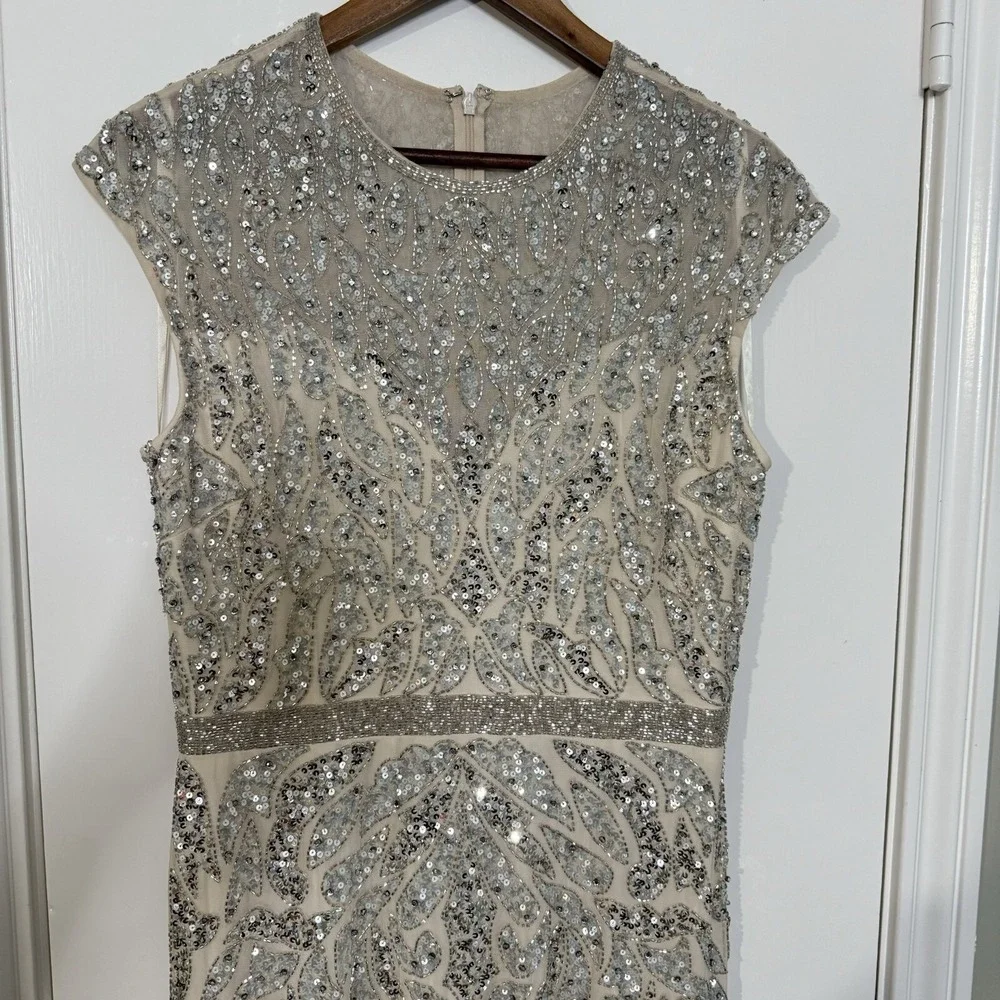 Mac Duggal Nude Silver Illusion Sheer Cap Sleeve Bead Sequin Belted Modest 5532 - Picture 5 of 16